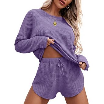 Ekouaer Womens Waffle Knit Pajama Sets Long Sleeve Top and Shorts Matching Lounge Set Sleepwear