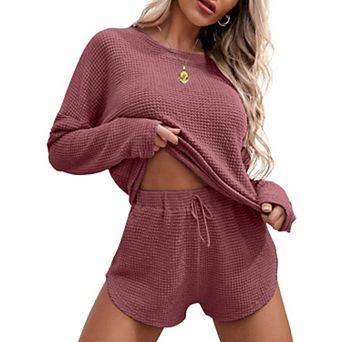 Ekouaer Womens Waffle Knit Pajama Sets Long Sleeve Top and Shorts Matching Lounge Set Sleepwear