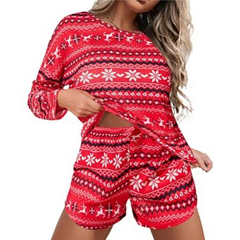 Women's Ekouaer Waffle Knit Long Sleeve Top & Shorts Pajama Set