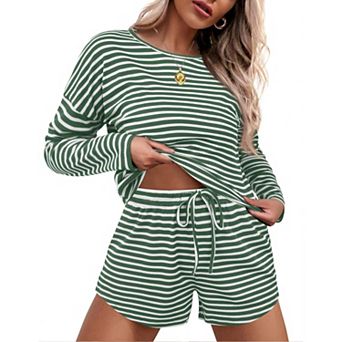 Women's Ekouaer Waffle Knit Long Sleeve Top & Shorts Pajama Set