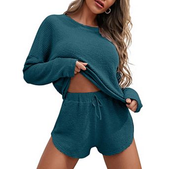 Women's Ekouaer Waffle Knit Long Sleeve Top & Shorts Pajama Set