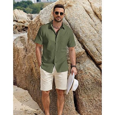 COOFANDY Mens Linen Short Sleeve Button Down Shirts Cotton Textured Casual Summer Collared Shirts