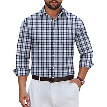 COOFANDY Mens Plaid Button Down Shirt Cotton Long Sleeve Dress Shirts Wrinkle Free Business Casual
