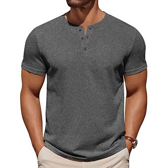 COOFANDY Mens T-Shirts Henley Shirts Short Sleeve Cotton Button Casual Collarless Tees Work Shirts