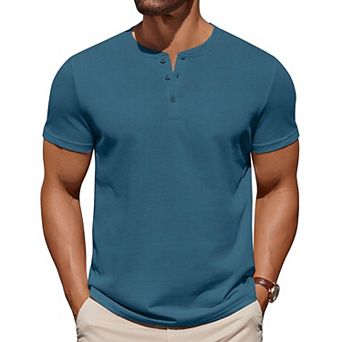 COOFANDY Mens T-Shirts Henley Shirts Short Sleeve Cotton Button Casual Collarless Tees Work Shirts