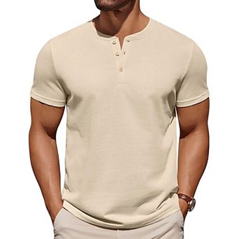 COOFANDY Mens T-Shirts Henley Shirts Short Sleeve Cotton Button Casual Collarless Tees Work Shirts