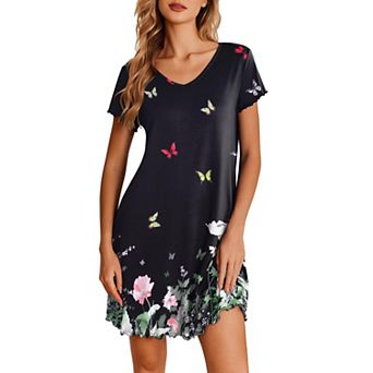 Ekouaer Nightgowns for Women Short Sleeve Sleepshirt V Neck Short Nightshirt Pullover Soft Ruffled