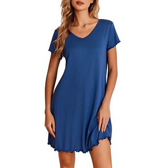 Ekouaer Nightgowns for Women Short Sleeve Sleepshirt V Neck Short Nightshirt Pullover Soft Ruffled