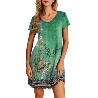 Ekouaer Nightgowns for Women Short Sleeve Sleepshirt V Neck Short Nightshirt Pullover Soft Ruffled