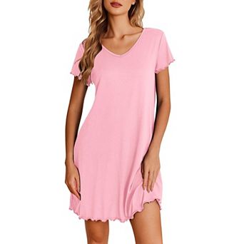 Ekouaer Nightgowns for Women Short Sleeve Sleepshirt V Neck Short Nightshirt Pullover Soft Ruffled