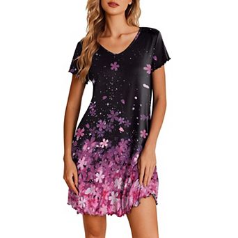 Ekouaer Nightgowns for Women Short Sleeve Sleepshirt V Neck Short Nightshirt Pullover Soft Ruffled