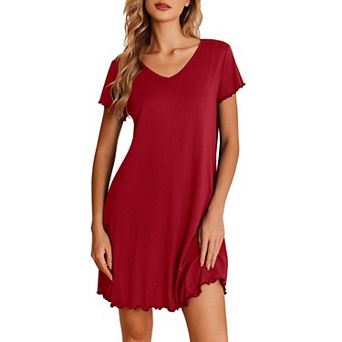 Ekouaer Nightgowns for Women Short Sleeve Sleepshirt V Neck Short Nightshirt Pullover Soft Ruffled