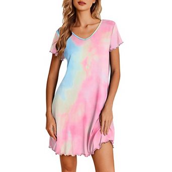 Ekouaer Nightgowns for Women Short Sleeve Sleepshirt V Neck Short Nightshirt Pullover Soft Ruffled