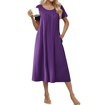 Ekouaer Cotton Nightgowns for Women Long House Dresses with Pockets Night Gowns Short Sleeve