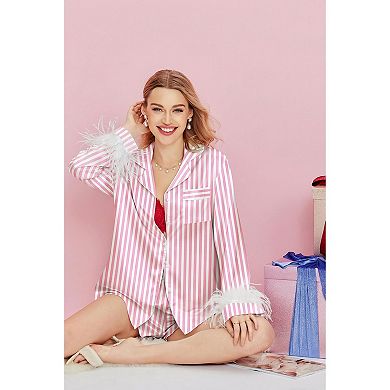 Ekouaer Bridal Feather Pajama Set Silk Satin Valentine’s Day Wedding PJ Set Long Sleeve