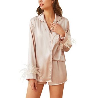 Ekouaer Bridal Feather Pajama Set Silk Satin Valentine’s Day Wedding PJ Set Long Sleeve