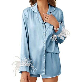 Ekouaer Bridal Feather Pajama Set Silk Satin Valentine’s Day Wedding PJ Set Long Sleeve