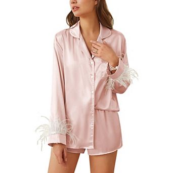 Ekouaer Bridal Feather Pajama Set Silk Satin Valentine’s Day Wedding PJ Set Long Sleeve