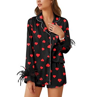 Ekouaer Bridal Feather Pajama Set Silk Satin Valentine’s Day Wedding PJ Set Long Sleeve