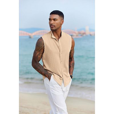 mens sleeveless dress shirts COOFANDY Mens Sleeveless Summer Shirts Beach Tank Tops Button Up Textured  Tank Shirt for Vacation