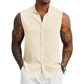 COOFANDY Mens Sleeveless Summer Shirts Beach Tank Tops Button Up Textured Tank Shirt for Vacation
