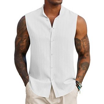COOFANDY Mens Sleeveless Summer Shirts Beach Tank Tops Button Up Textured Tank Shirt for Vacation