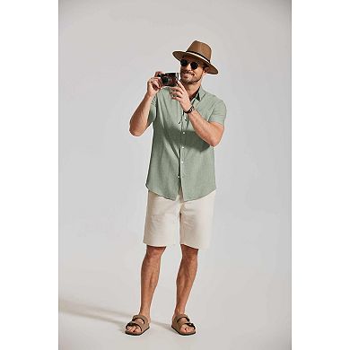 COOFANDY Mens Short Sleeve Stretch Shirts Button Down Linen Shirts Beach Summer Wedding Shirt