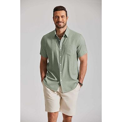 COOFANDY Mens Short Sleeve Stretch Shirts Button Down Linen Shirts Beach Summer Wedding Shirt