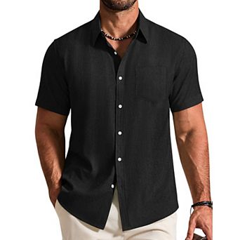 COOFANDY Mens Short Sleeve Stretch Shirts Button Down Linen Shirts Beach Summer Wedding Shirt
