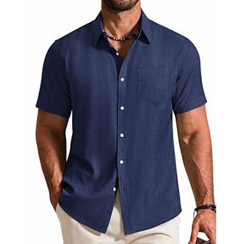 COOFANDY Mens Short Sleeve Stretch Shirts Button Down Linen Shirts Beach Summer Wedding Shirt