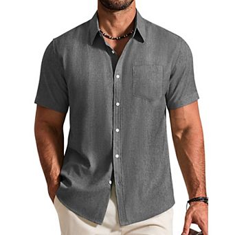 COOFANDY Mens Short Sleeve Stretch Shirts Button Down Linen Shirts Beach Summer Wedding Shirt