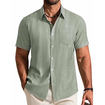 COOFANDY Mens Short Sleeve Stretch Shirts Button Down Linen Shirts Beach Summer Wedding Shirt