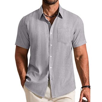 COOFANDY Mens Short Sleeve Stretch Shirts Button Down Linen Shirts Beach Summer Wedding Shirt