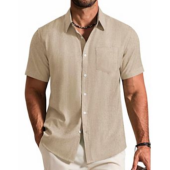 COOFANDY Mens Short Sleeve Stretch Shirts Button Down Linen Shirts Beach Summer Wedding Shirt
