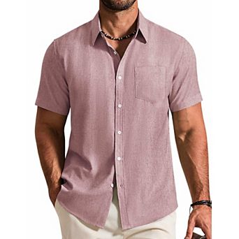 COOFANDY Mens Short Sleeve Stretch Shirts Button Down Linen Shirts Beach Summer Wedding Shirt