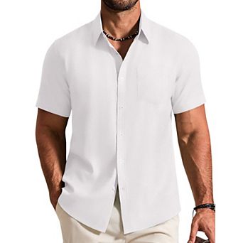 COOFANDY Mens Short Sleeve Stretch Shirts Button Down Linen Shirts Beach Summer Wedding Shirt