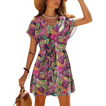 Ekouaer Women's Cover Ups Casual Swimsuit Coverups Flowy Tie Waist Beach Cover Up Dress