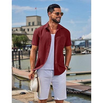 COOFANDY Mens Linen Shirts Short Sleeve Button Down Shirts Casual Beach Vacation Shirts