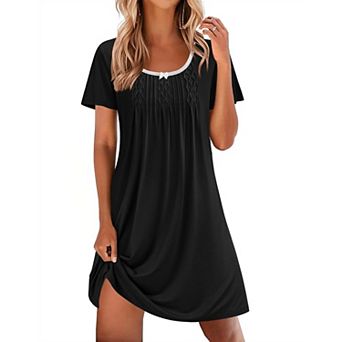 Ekouaer Nightgowns for Women Pleated Sleep Shirts Short Sleeve Night Shirts Lace Trim Night Gown