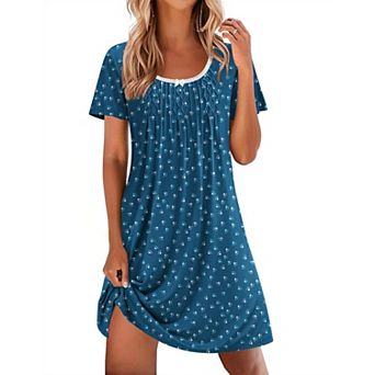 Ekouaer Nightgowns for Women Pleated Sleep Shirts Short Sleeve Night Shirts Lace Trim Night Gown