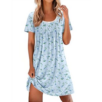 Ekouaer Nightgowns for Women Pleated Sleep Shirts Short Sleeve Night Shirts Lace Trim Night Gown