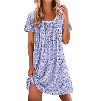 Ekouaer Nightgowns for Women Pleated Sleep Shirts Short Sleeve Night Shirts Lace Trim Night Gown