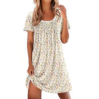 Ekouaer Nightgowns for Women Pleated Sleep Shirts Short Sleeve Night Shirts Lace Trim Night Gown