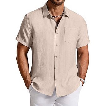 COOFANDY Mens Linen Shirts Short Sleeve Casual Shirts Button Down Shirt Beach Summer Wedding Shirt