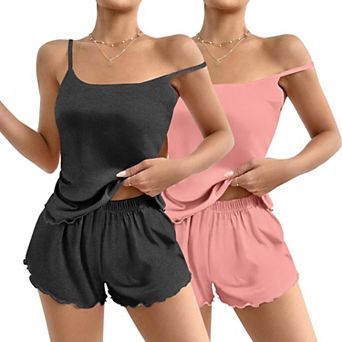 Ekouaer 2 Pack Womens Cami Pajama Sets Cute Print Tank Top Pjs and Shorts Camisole Lounge Set
