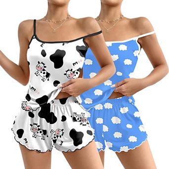 Ekouaer 2 Pack Womens Cami Pajama Sets Cute Print Tank Top Pjs and Shorts Camisole Lounge Set