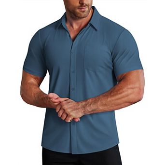COOFANDY Mens Muscle Fit Dress Shirts Stretch Slim Fit Short Sleeve Athletic Wrinkle-Free Casual