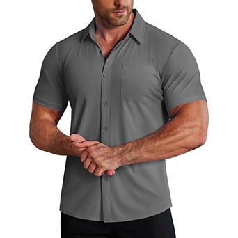 COOFANDY Mens Muscle Fit Dress Shirts Stretch Slim Fit Short Sleeve Athletic Wrinkle-Free Casual