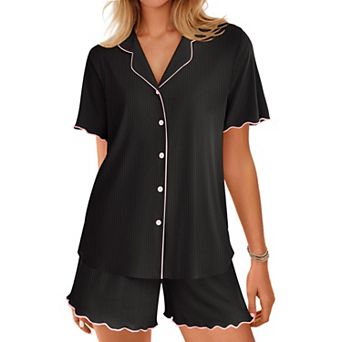 Ekouaer Button Up Pajamas Set for Women Short Sleeve Ribbed Knit Sleepwear 2 pc Pjs Shorts Set