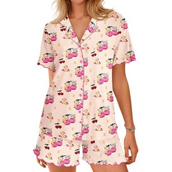 Ekouaer Button Up Pajamas Set for Women Short Sleeve Ribbed Knit Sleepwear 2 pc Pjs Shorts Set